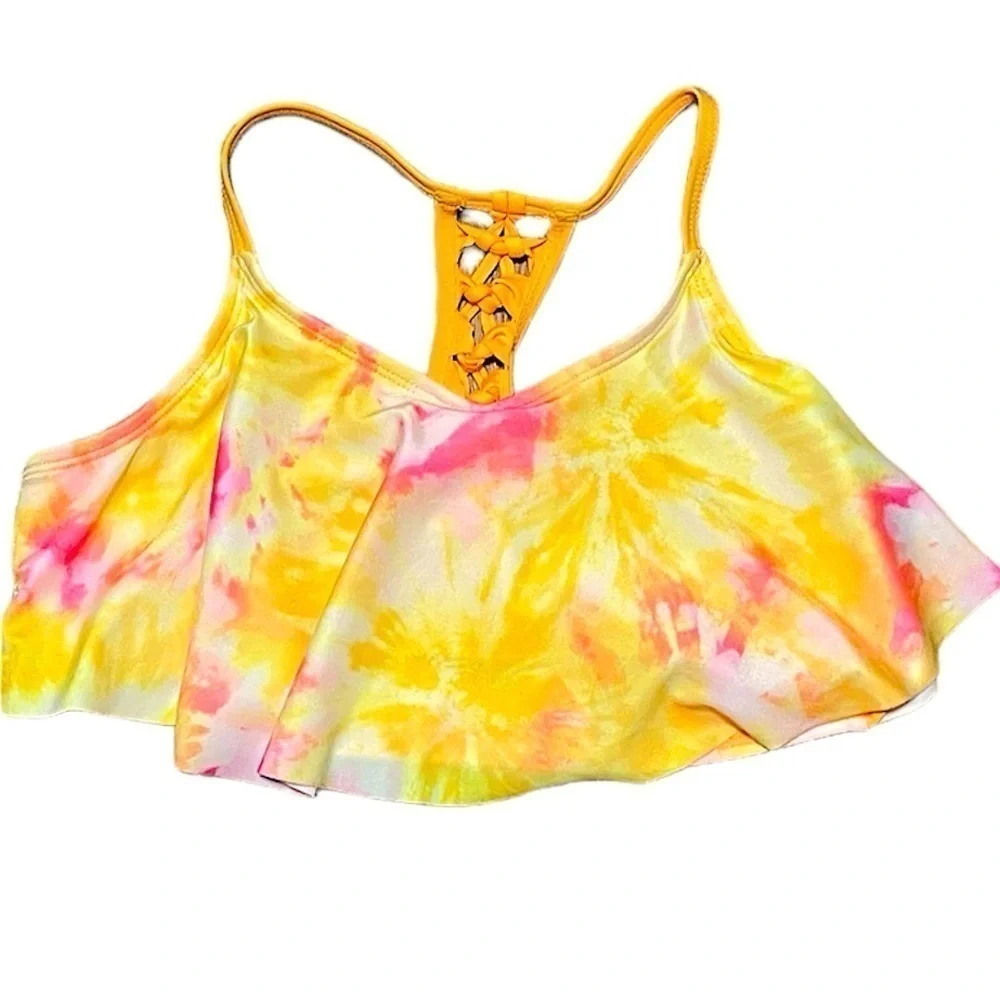 Big girls Handkerchief flounce style; ladder back strap detail; allover tie dye